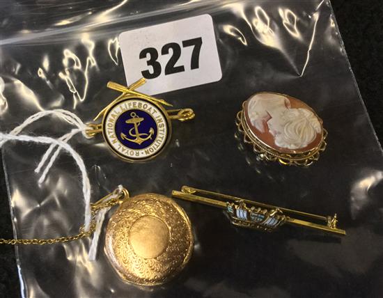 9ct gold Lifeboat Institution brooch, 9ct naval bar brooch, 9ct-cased compass pendant & cameo brooch in 9ct mount